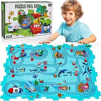 25PCS Puzzle Racer Kids Car Track Set, Rail Car Puzzle Track Ocean Themed Series, Puzzle Track Car Play Set, Toddler Puzzle Track Car, Educational Puzzle Toys Gifts for Kids Boys and Girls