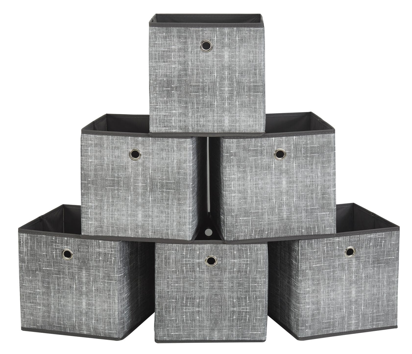 Webeasy Square Printed Grey Canvas Fabric Storage Box, Pack of 6 Eyelet Cube Foldable Open Bins for Home Office Nursery Organisation, Printed Grey, 28X28X28(CM)