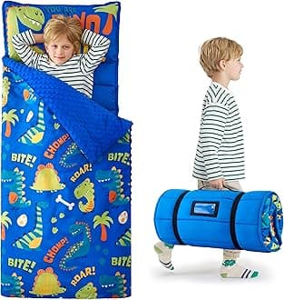 Toddler Sleeping Bag for Kids 55''x30'' Nap Mat with Removable Pillow and Minky Blanket for Toddler Ages 3-7 Roll Up Soft Kids Sleeping Bag for Boys Girls Kindergarten Daycare Sleepover