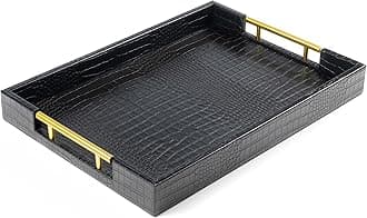 ATZYmolin 17" x 12" Wood Serving Tray with Gold Polished Metal Handles, Home Decorative Wooden Rectangle Ottoman Leather Decor Platter Bathroom Vanity Tray for All Occasions Alligator Black