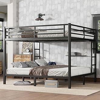 King Over King Bunk Bed, Metal Bunk Bed Frame Heavy Duty Bunk Beds Loft Bed Frame with Ladder and Guardrail Metal Slats No Box Spring Required for Adults Teens