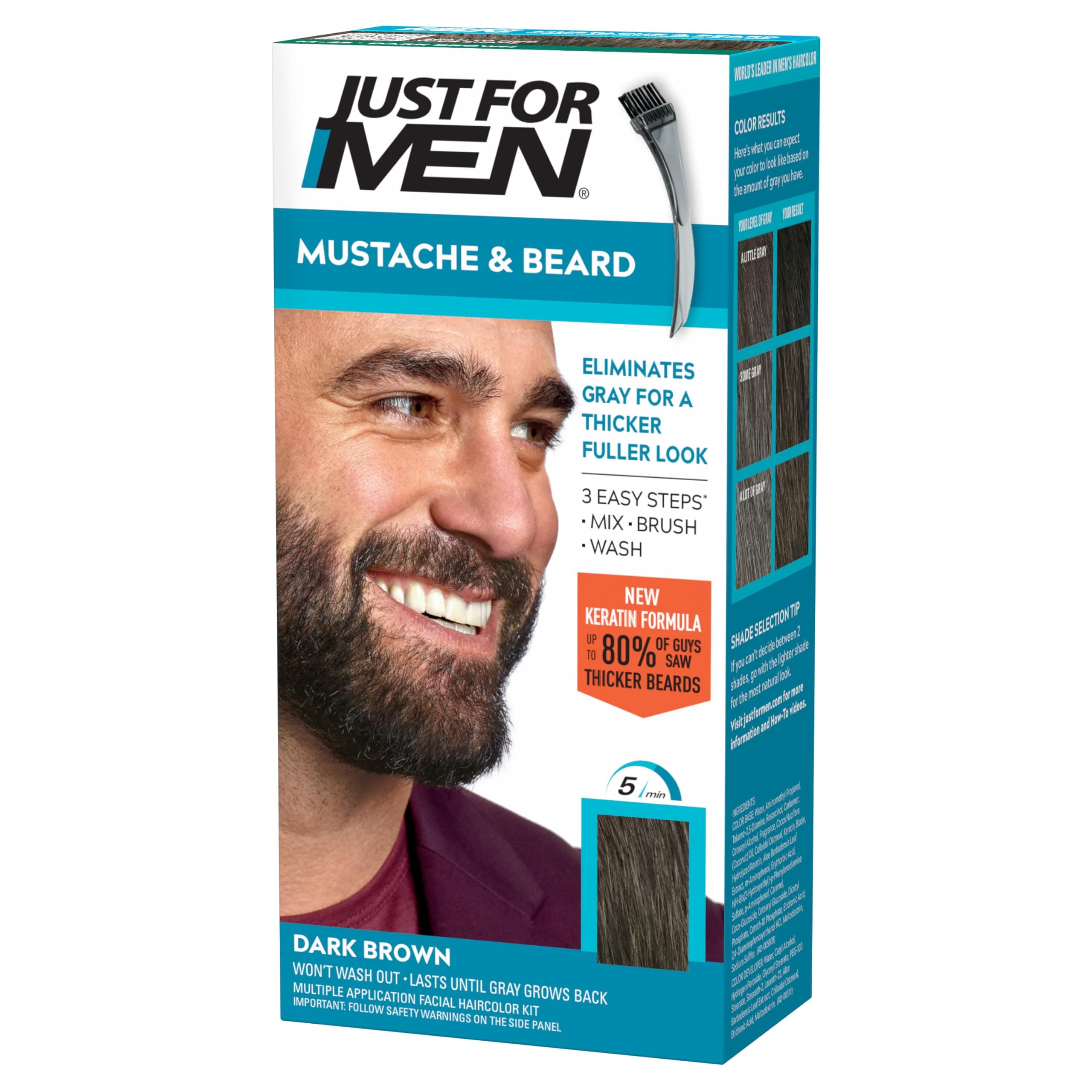 Just For Men Mustache & Beard multiple uses Beard Dye for Men with Brush Included, With Keratin Biotin Aloe and Coconut Oil for Healthy Facial Hair - Dark Brown, M-45, Pack of 1 (Packaging May Vary)
