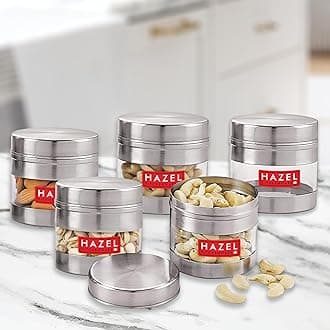 HAZEL Stainless Steel Masala Container I Set of 5 Transparent Masala Boxes for Kitchen I See Through Small Container for Spices I Capacity of 350 ml, Silver Color Box with Matt Finish