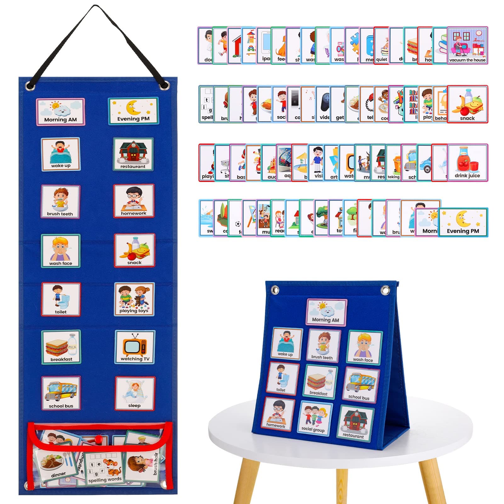 FRIUSATE Visual Timetable, Daily Routine Chart Children Planner Chart Visual Now and Next Board Learning Aid Tool with 70 Pieces Schedule Cards to Support Communication, Routine and Transition