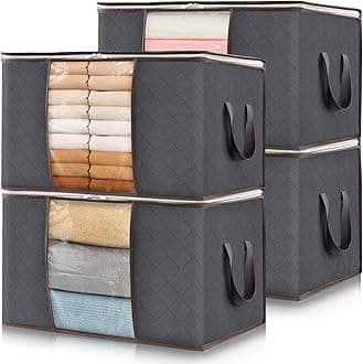 Lifewit 4-pack clothes storage bag, storage bins for clothes, blankets, comforters, foldable clothing storage with reinforced handle, sturdy zipper, closet organizer with clear window, 60l, grey