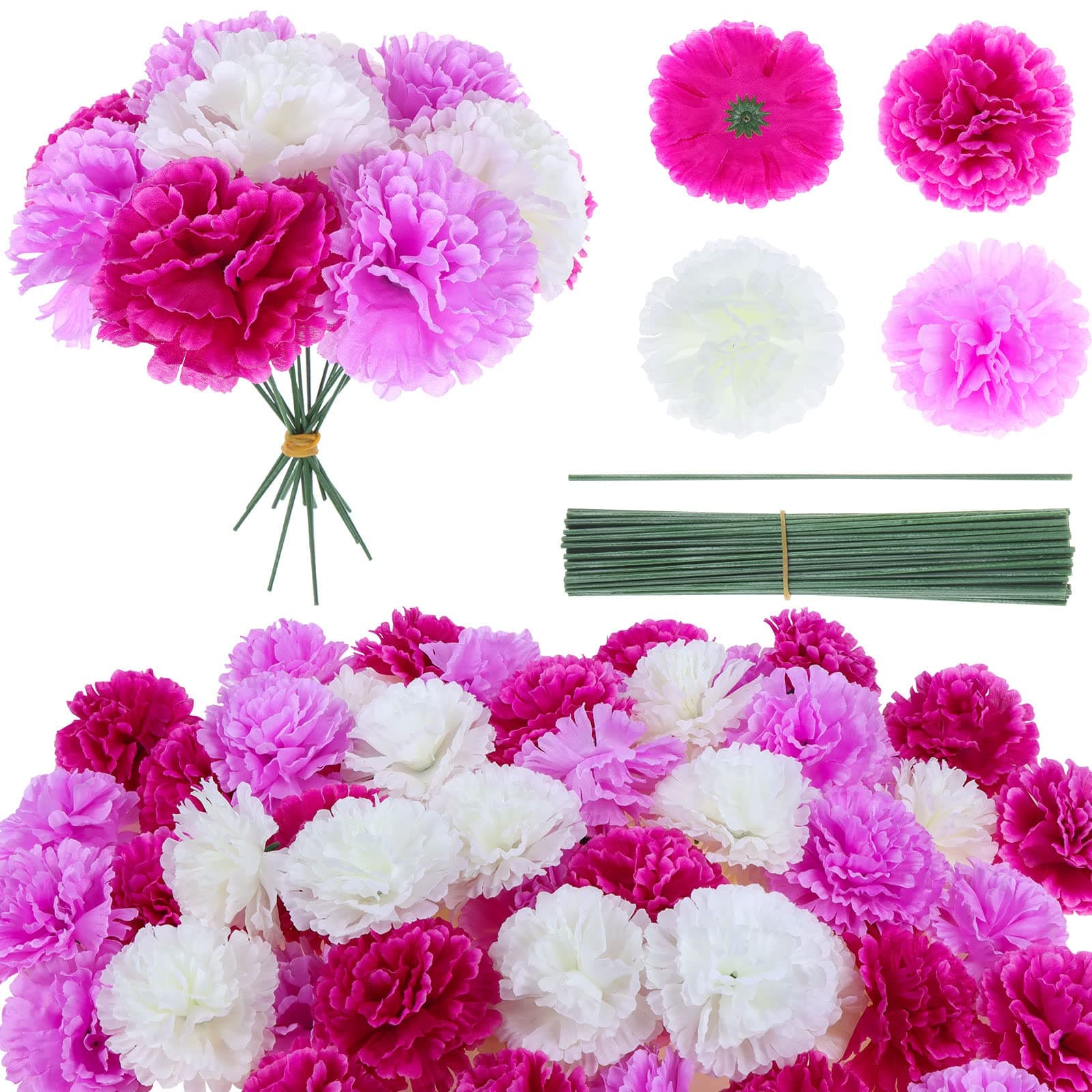 120 Pack Artificial Carnations with Stems,Artificial Marigold Flower Heads,Eternal Blossom Silk Artificial Pom Birthday Party 6f2b8y9o3s36 0
