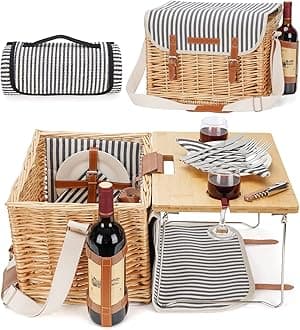Wicker Picnic Basket for 2 with Detachable Table, Elasticated Wine Holder, Shoulder Carrying Willow Picnic Hamper Set with Premium Tableware & Blanket for Outdoor, Wedding, Anniversary, Birthday Gift