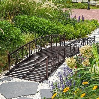 kinbor Garden Bridge – 8 FT Metal Arched Bridges with Safety Patterned Side Rails, Pond Bridge for Backyard, Creek, Lawn, Steel Decorative Footbridge Garden Bridges for Outdoors, Dark Blonde