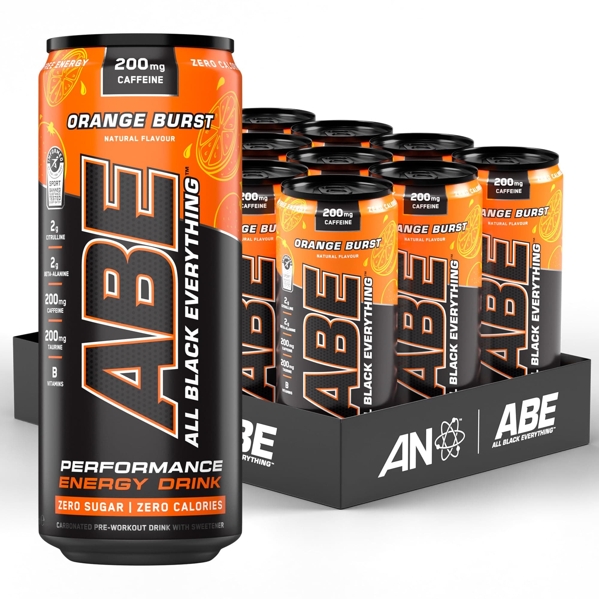 ABE Pre Workout Cans - All Black Everything Energy + Performance Drink, ABE Carbonated Beverage Sugar Free with Caffeine (Pack of 12 Cans x 330ml) (Orange Burst)