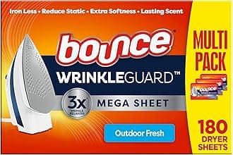 Bounce WrinkleGuard Mega Dryer Sheets, 180 Count, Wrinkle Release Fabric Softener Sheets with Outdoor Fresh Scent