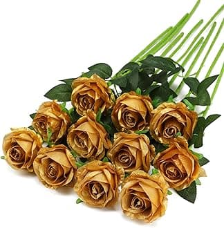 Gold Fake Roses Artificial Flowers - 10 Pcs Fake Artificial Roses Silk Flowers with Stems for Home Wedding Hotel Office Centerpiece Decor