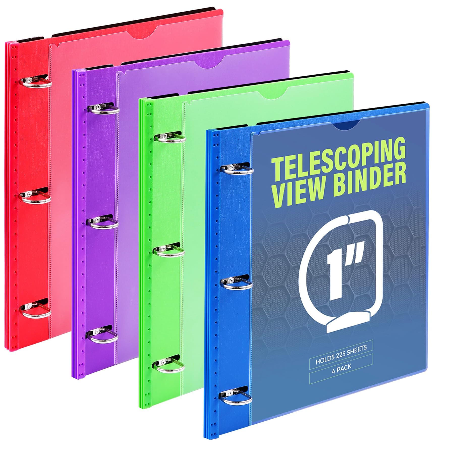 1 Inch Telescoping 3 Ring Binder 4 Pack, Expandable Flexible Binder with Customizable Front Cover & Clear Catalog Pocket, Holds 225 Sheets, Assorted Colors, School Office Supplies