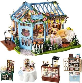 Dollhouse Miniature with Furniture,DIY Dollhouse Kit Plus Dust Cover & Music Box,1:24 Scale Creative Room for Girl Christmas Birthday Gift for Lover and Friends (Rose Garden Tea House)