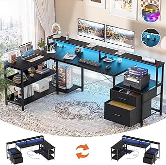 AheaplusL Shaped Desk with File Drawer, 66" Reversible L Shaped Computer Desk with Power Outlet & LED Strip, Gaming Desks with Long Monitor Stand, Corner Office Desks with Storage Shelf, Black