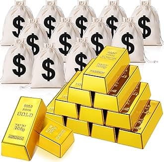 HyDren 24 Pcs Fake Gold Bar Bullion Glittering Movie Prop 2.4 In Gold Bar Replica 6.3 x 4.7 In Drawstring Money Bag for Casino Las Vegas Photo Booth Props Bank Robber Pirate Graduation Party Favors