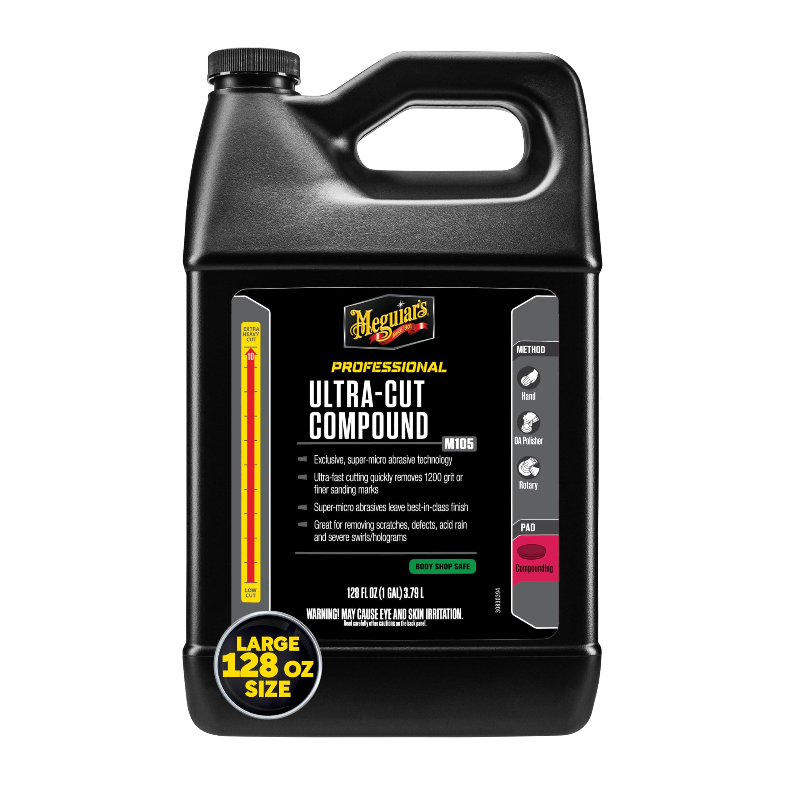 Meguiar's Mirror Glaze M105 Ultra-Cut Compound, Car Rubbing Compound for Removing Scratches and Heavy Swirls While Adding Shine, Safe and Effective on All Glossy Car Paint and Clear Coats, 1 Gallon