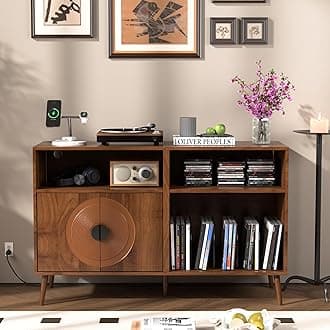 Large Record Player Stand, Mid Century Turntable Stand with Door, Record Player Table Holds Up to 350 Albums,Vinyl Display Shelf for Living Room (Brown)