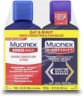 Maximum Strength Sinus-Max Severe Congestion & Pain + Nightshift Sinus Liquid, Cold and Flu Medicine for Adults, Over-the-Counter Medication for Multi-Symptom Relief, 2x6 Fl Oz