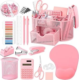 VAIPI 17 in 1 Pink Office Supplies Set Desk Organizers and Accessories with Mouse Pad, Calculator, Stapler, Tape Dispenser, Staples, Scissors, Pens, Sticky Notes, Page Markers for Office School Home