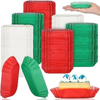 Mifoci 600 Pcs Christmas Mini Oval Cupcake Papers Disposable Red Green White Brownie Baking Cups Cake Loaf Pan Liners Boat Shaped Muffin Cupcake Wrappers for Weddings Birthdays