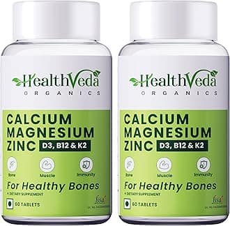 Health Veda Organics Calcium, Magnesium, Zinc with Vitamin D3 & B12, 1000mg I 120 Veg Tablets | Support Strong Bones, Joints & Muscles | For Both Men & Women (Pack of 2)