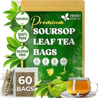FreshDrinkUS, 60 Premium - The Top Soursop Graviola Leaf Tea Bags, 100% Pure & Natural from Soursop Leaves, Handmade, Made With Natural Materials-Corn Fiber Tea Bag, Sugar/Caffeine/Gluten Free, Hoja Guanabana Tea