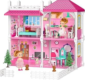TEMIVilla Toys for 3-8 Years Old Girls - 2 Storey 4 Room Indoor Playset With 2 Dolls, Furniture & Accessories, Pretend Play, Building Toys, Gifts