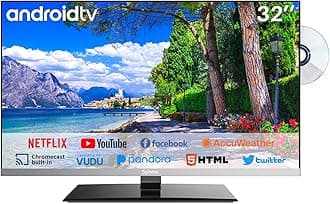 SYLVOX 32 inch Smart TV with DVD Player Built in and Satellite Decoder, Google Play, Frameless RV TV 1080P FHD, Support WiFi Bluetooth, HDMI USB, Android 12V TV for Campervans, Motorhomes, Caravans