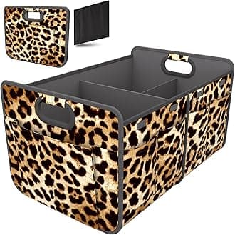Homeve Trunk Organizer, Car Storage, Reinforced Handles, Collapsible Multi-Compartment Car Organizers, Foldable, Waterproof, 600D Oxford Polyester (Leopard Print, 2 Compart)