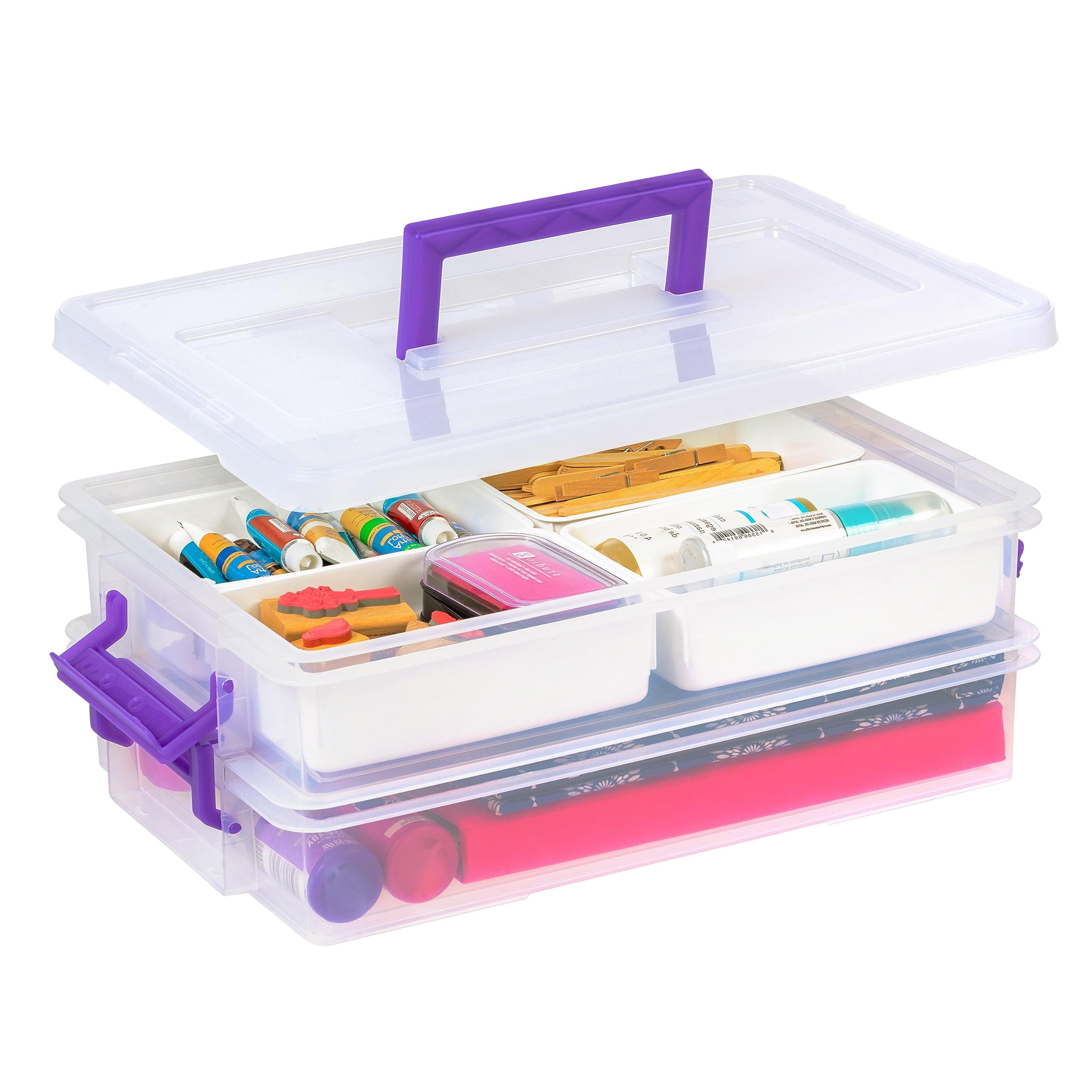 Iris Ohyama USA 9.4Qt 2 Layer Stack and Carry Storage Containers with Bulked-Up Lid, Clear/Violet