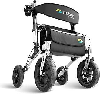 Aluminium Rollator with Puncture-proof Solid Rubber Tyres for Outdoor Use - Foldable, Comfortable & Adjustable Height, Silver, Adult/Senior