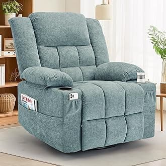 360° Swivel Rocker Recliner for Adults, Nursery Glider Recliner with Massage and Heating, Rocking Chair with Cup Holder, Manual Recliner Chair for Living Room, Bedroom (Fabric, Lake Blue)