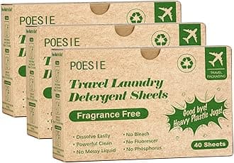 PoesieLaundry Detergent Sheets for Travel - Portable, Liquidless, Biodegradable Cloth Washing Strips - Fragrance Free, 3 Box Pack of 120 SheetsCompact by Design (Certified by Amazon)