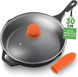NutriChef Cast Iron Skillet Pan w/ Lid, Pre Seasoned Cast Iron Pan, Cast Iron Frying Pans Nonstick, Oven Safe Cookware w/ Silicone Handle, Drip Spout, Indoor/Outdoor Use, For Induction & All Cooktops