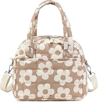 LEDAOU Lunch Box for Women Lunch bag Quilted Puffer Insulated Lunch Box with Adjustable Strap Reusable LunchBox for Work School Picnic Travel (Big Flower Brown)