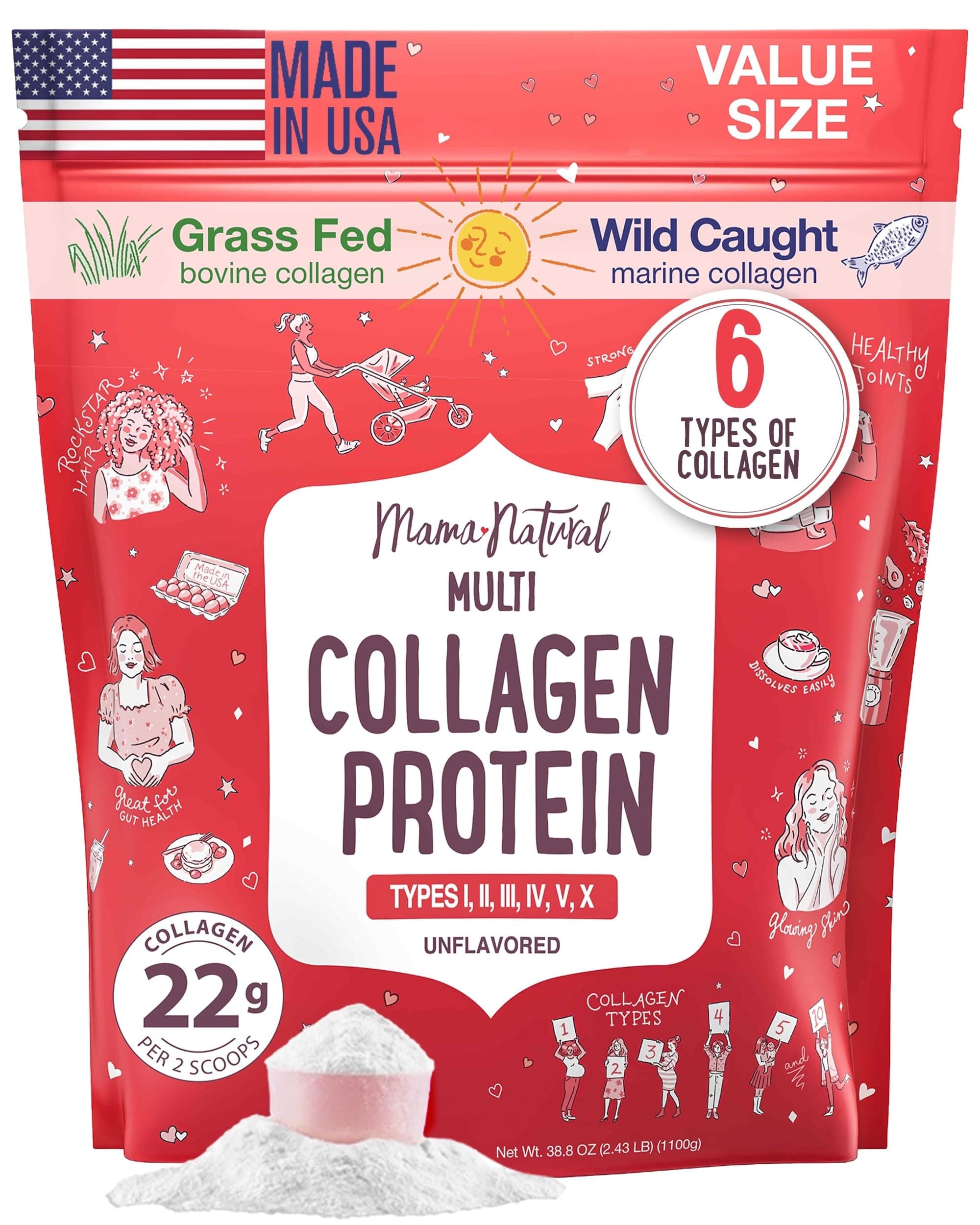 Multi Collagen Protein Powder Value Pack (100 Servings) - Unflavored & Hydrolyzed with 6 Types (1, 2, 3, 4, 5 & 10) - Pure Collagen Peptides for Women - Grass Fed Beef, Wild Fish & USA Eggshell