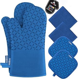 KEGOUU Oven Mitts and Pot Holders 6pcs Set, Kitchen Oven Glove High Heat Resistant 500 Degree Extra Long Oven Mitts and Potholder with Non-Slip Silicone Surface for Cooking (Royal Blue)