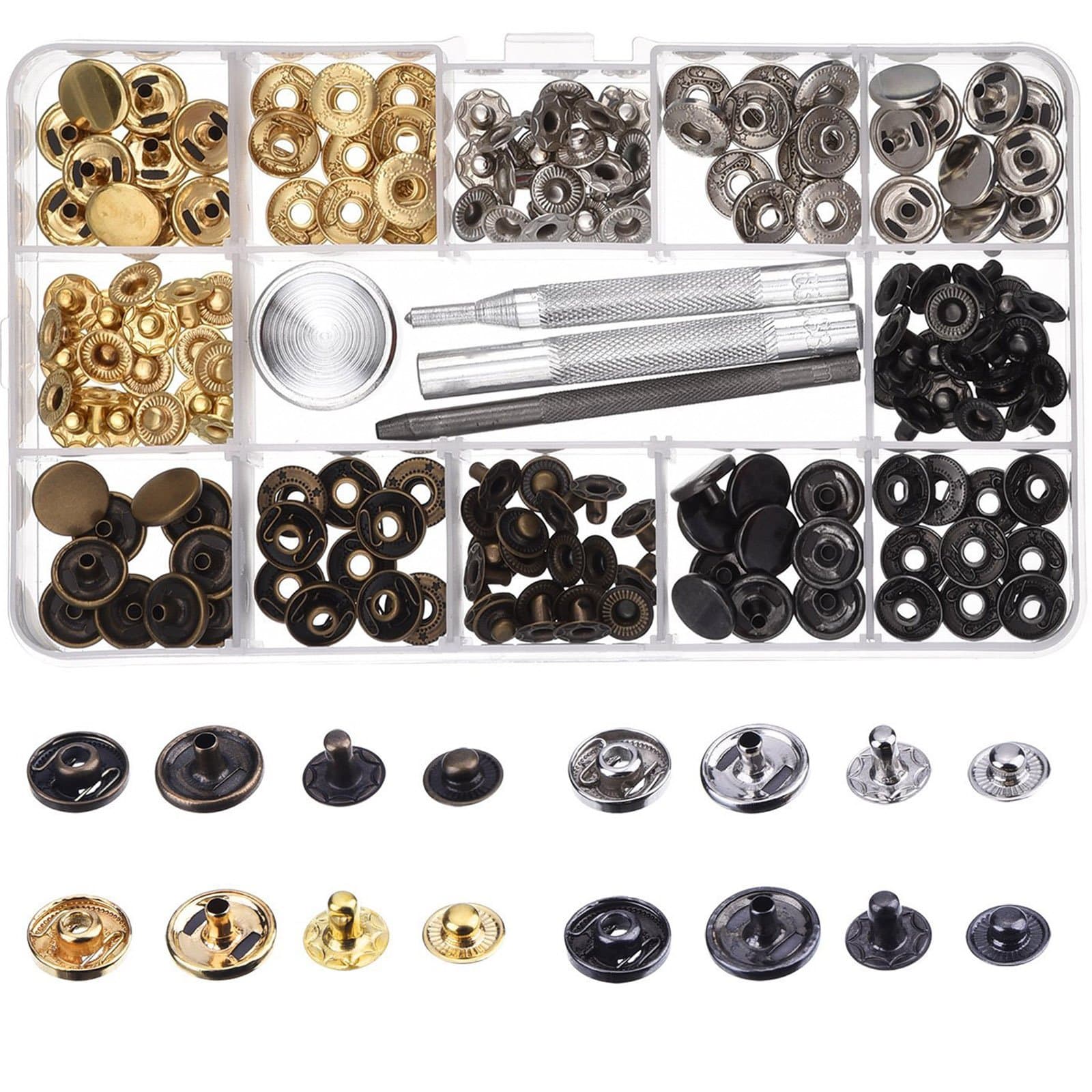 120pcs Button Tack,4pcs Install Tool,Double Cap Rivet Tubular,Press Studs Snap,Metal Studs with Fixing Tool Kit,Buttons Metal with Storage Box,for Leather DIY, Backpack, hat, Belt, Jeans
