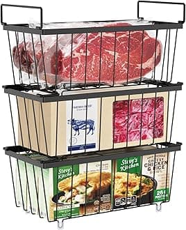 iSPECLE Chest Freezer Basket - 3 Pack Small Stackable Freezer Bins for Most 7 Cu.FT Deep Freezer Sort Frozen Food, Deep Freezer Organizer Bins with Handles Easy to Get Food from Bottom, Black