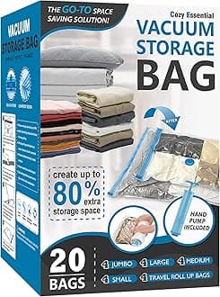 Cozy Essential Vacuum Storage Bags, 80% Compression Vacuum Seal Space Saver Plastic Packaging Bags for Clothes, Blankets, Pillow, Bedding, Comforters, Sealer Clothing Storage,20 Combo