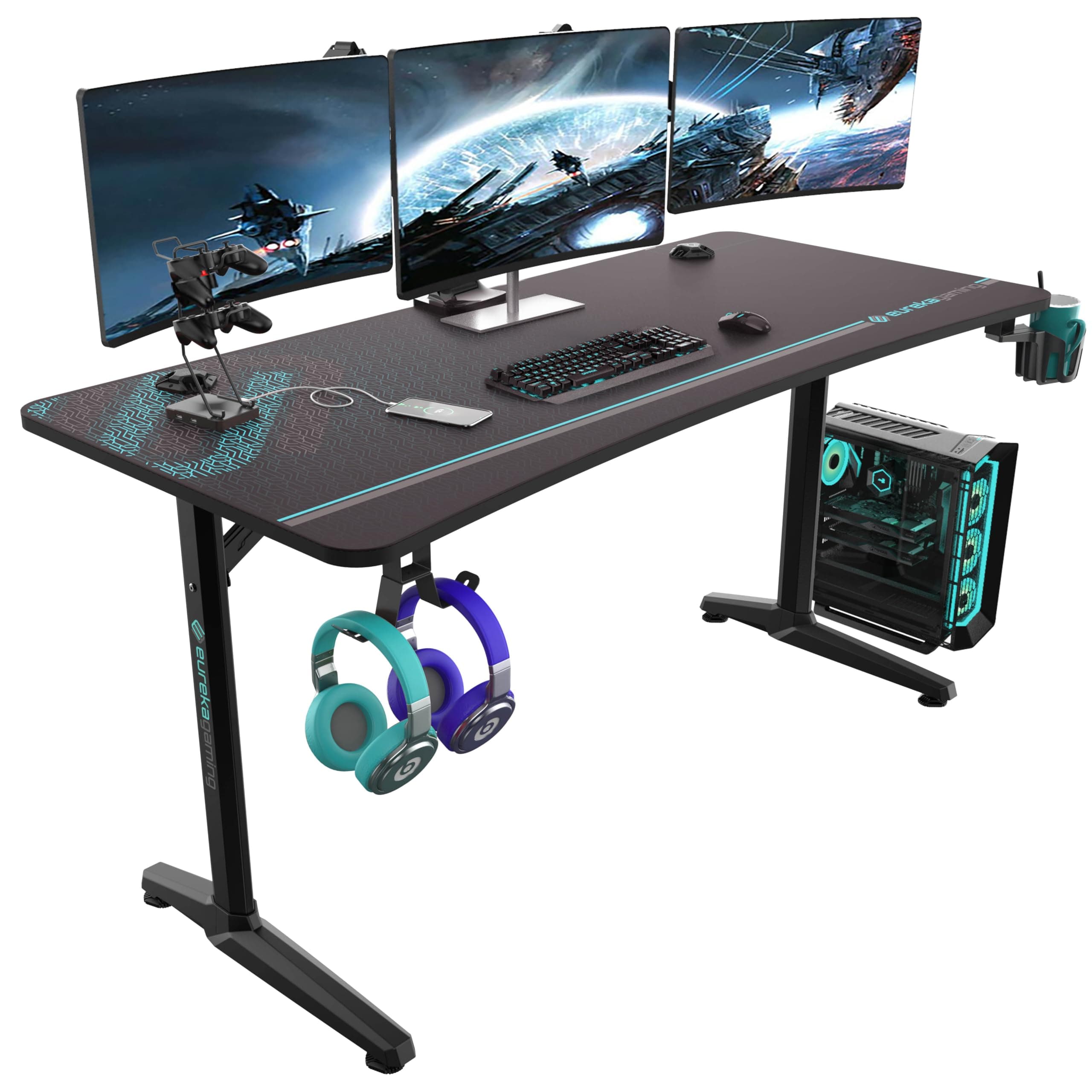 Gaming Desk 152×70cm Computer Desk with Arc Ergonomic Large Home Office Desk Workstation w Carbon Fiber Surface, Full Desk Mouse Pad