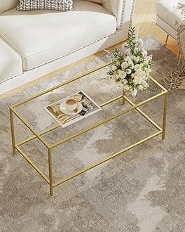 Glass Coffee Table, Modern Rectangular Gold Coffee Table for Living Room, Minimalist Center Tea Table with Sturdy Metal Frame for Small Space, Apartment, Office, Dining Room, Easy Assembly