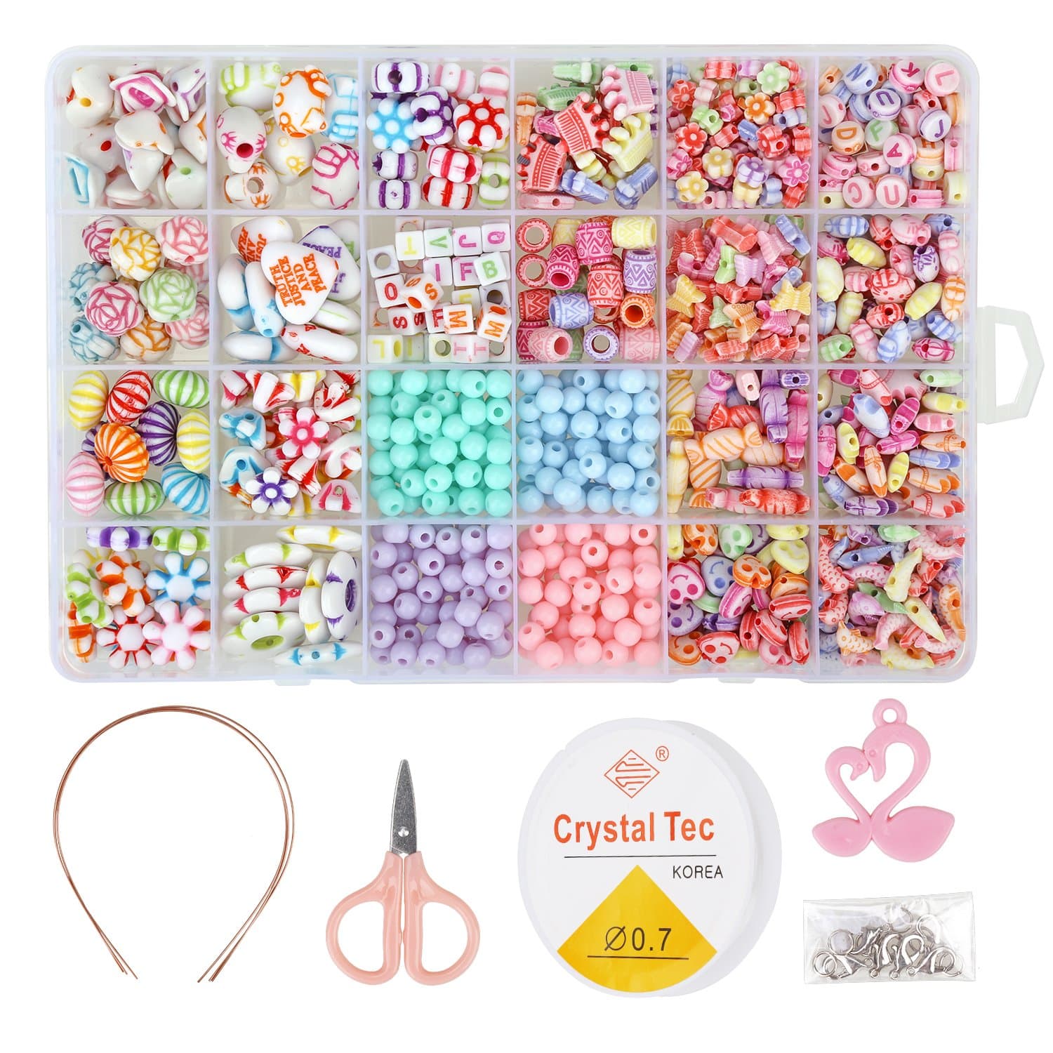 850PCS DIY Bead Set with a Coiling, a Scissors and 3 Hairpins, 24 Different Types and Shapes Colorful Amblyopia Training Acrylic DIY Beads in a Box, Children's Bead Necklace and Bracelet Crafts
