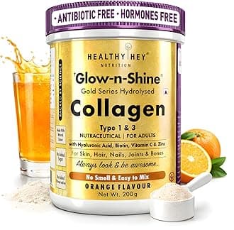 HealthyHey Skin Glow-n-Shine® Collagen Powder 200g | Hydrolysed Collagen for Women and Men with Hyaluronic Acid, Biotin and Vitamin C for Healthy Skin, Hair and Nails - (Orange, 200gm)