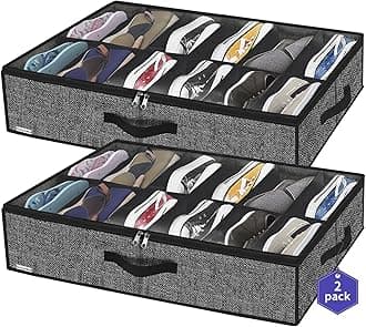 Sturdy Under Bed Shoe Storage Organizer, Set of 2, Fits Total 24 Pairs, Underbed Shoes Closet Storage Solution with Clear Window, Breathable, 29.3"x23.6"x5.9", Linen-like Black, MXAUBSB2P