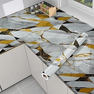 JB'S LAND Marble Waterproof Oil Proof Wall Paper Furniture Kitchen, Cabinets, Almirah,Tabletop,Table, Wooden,Wardrobe,PVCDIY Self Adhesive Sticker(60x200cm, New Desing White Gold Blocks)