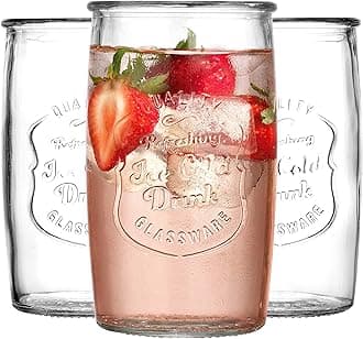 Drinking Glasses Set of 4, Vintage Italian Style – Elegant 20 Oz Clear Tumbler Glassware Set– Genuine Artisan-Made for, Refreshing Drinks, Beverages, Cocktails.