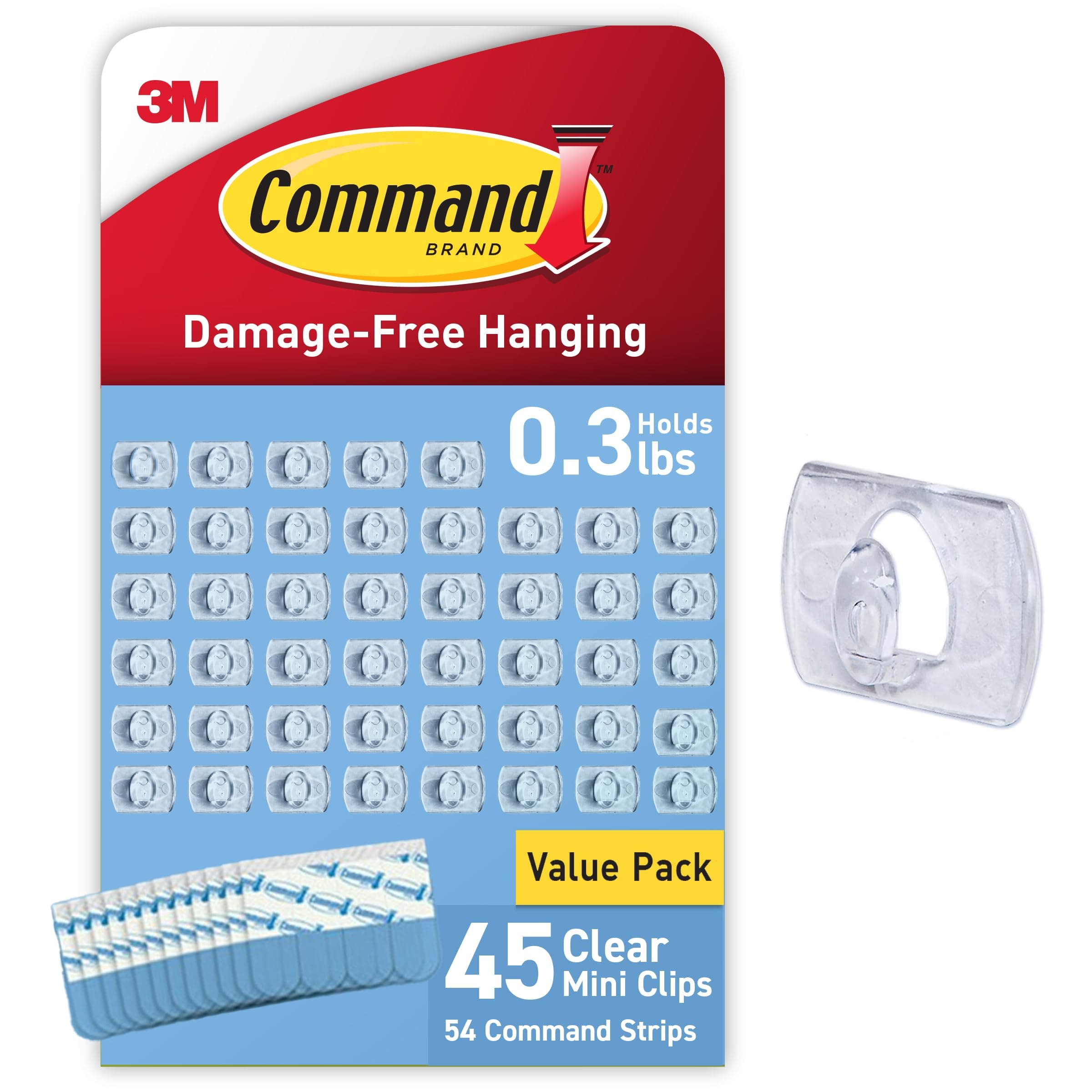 Command Indoor Mini Light Clips - 45 Clear Clips and 54 Strips for Hanging Indoor Christmas Decorations and Lights