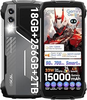 OSCAL PILOT 1 Rugged Smartphone 2025, 18GB+256GB/2TB TF| 15000mAh/33W|50MP+32MP rugged phone|70LM LED rugged mobile phones|90Hz+6.67-inch FHD|Android 14| NFC/GPS/Fingerprint/Dual SIM/OTG, Deep Grey
