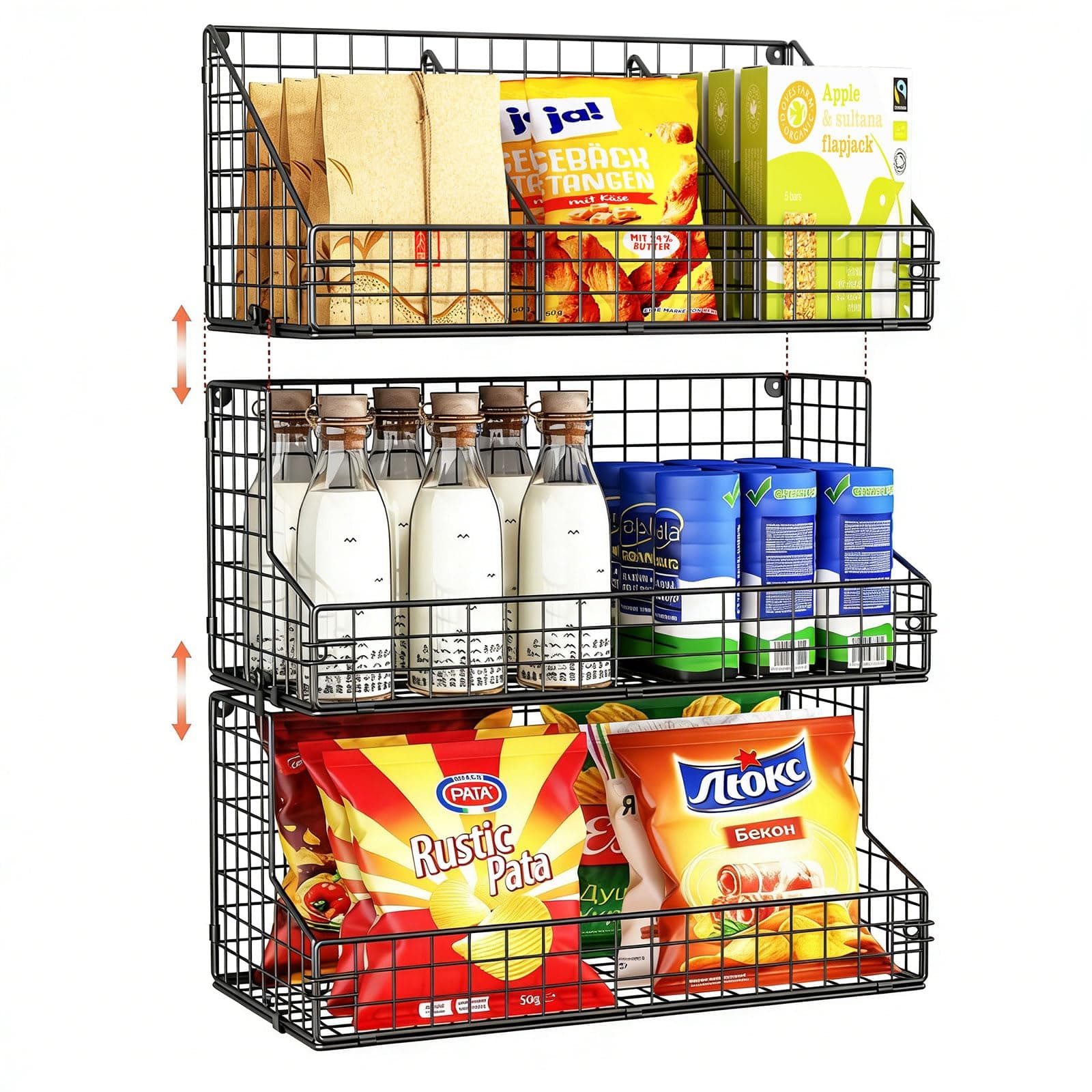 X-cosrack 3 Tier Large Stackable Snack Organizer - Versatile Wall Mounted Wire Storage Basket with Divider for Candy Chip Cans Bars - Ideal for Pantry Office Home